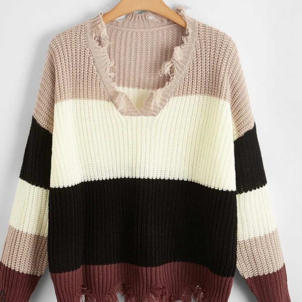 Distressed colorblock sweater